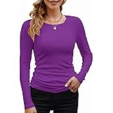 GEMBERA Womens Ribbed Long Sleeve Crewneck Casual Slim Basic Shirts Fitted Knit Tops