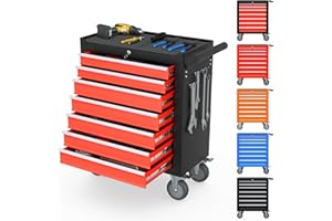 Granper 7 Drawer Tool Box with Drawer, High Capacity Tool Chest with Wheels, Heavy Duty Tool Cabinet for Repair Room(Black&Red