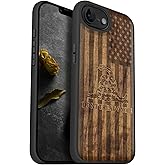 Carveit Magnetic Wooden Case for iPhone 16e 2025, Solid Wood & Black TPU, Artisan Engraved Design, Shockproof Cover, Compatible with MagSafe Wireless Chargers, Gadsden and American Flag - Walnut