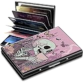 SROJDHFJB Metal Credit Card Holder RFID Blocking, Pink Skull Coffee Slim Mini Aluminum Wallet Hard Case for Men & Women, Small Business Card Case Card Organizer Case Holds 12 Cards & Bills