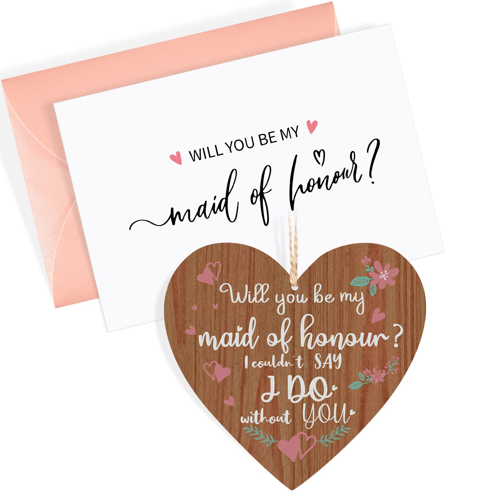 Nezyo Will You Be My Bridesmaid Gifts Bridesmaid Proposal Cards with Envelopes Wooden Hanging Heart Plaque Gift Wedding Friendship Present Sign for Sister Friends Family(Maid Of Honour)
