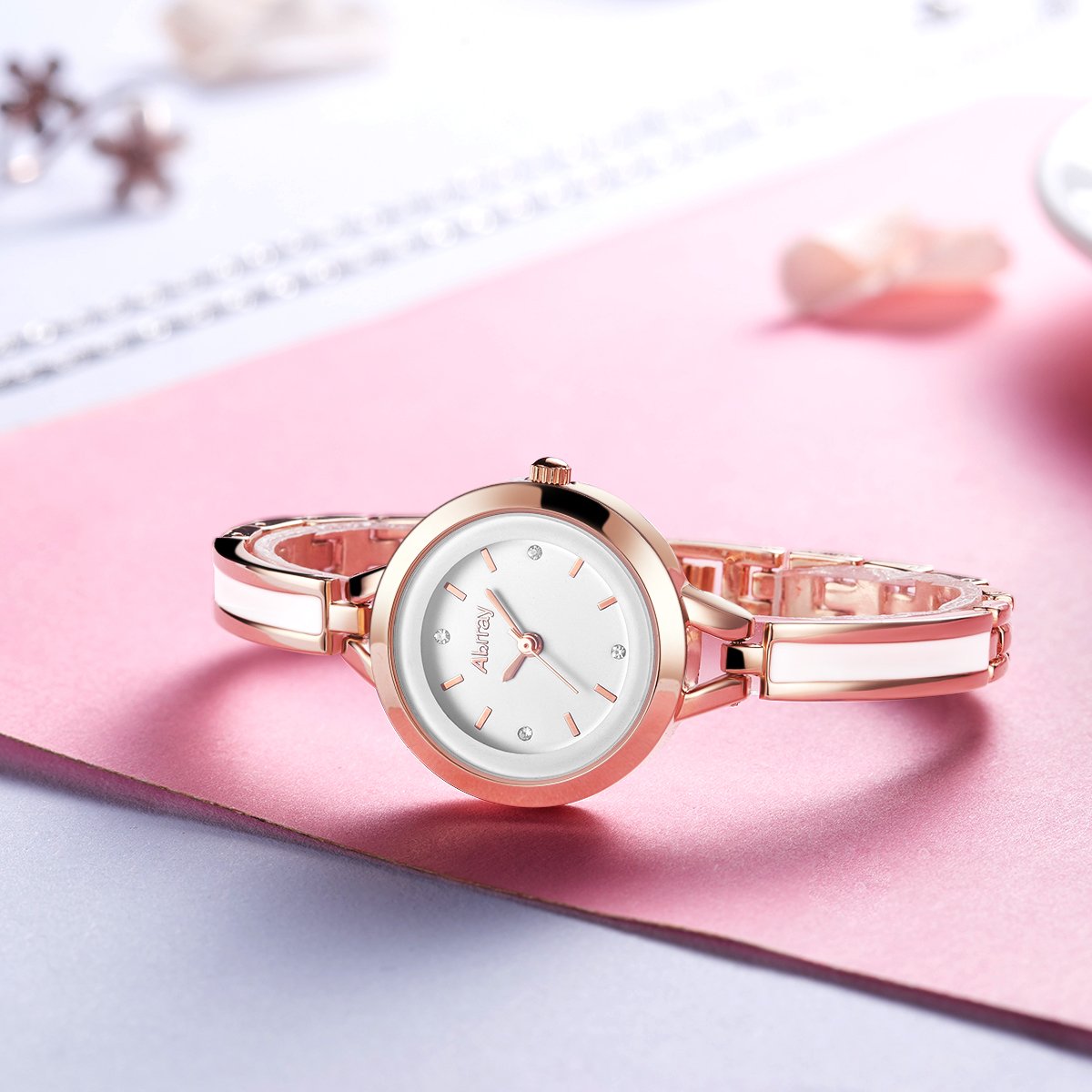 Abrray Rose Gold Case Rose Gold Ceramic White Bracelet Watch for Women with Round Dial