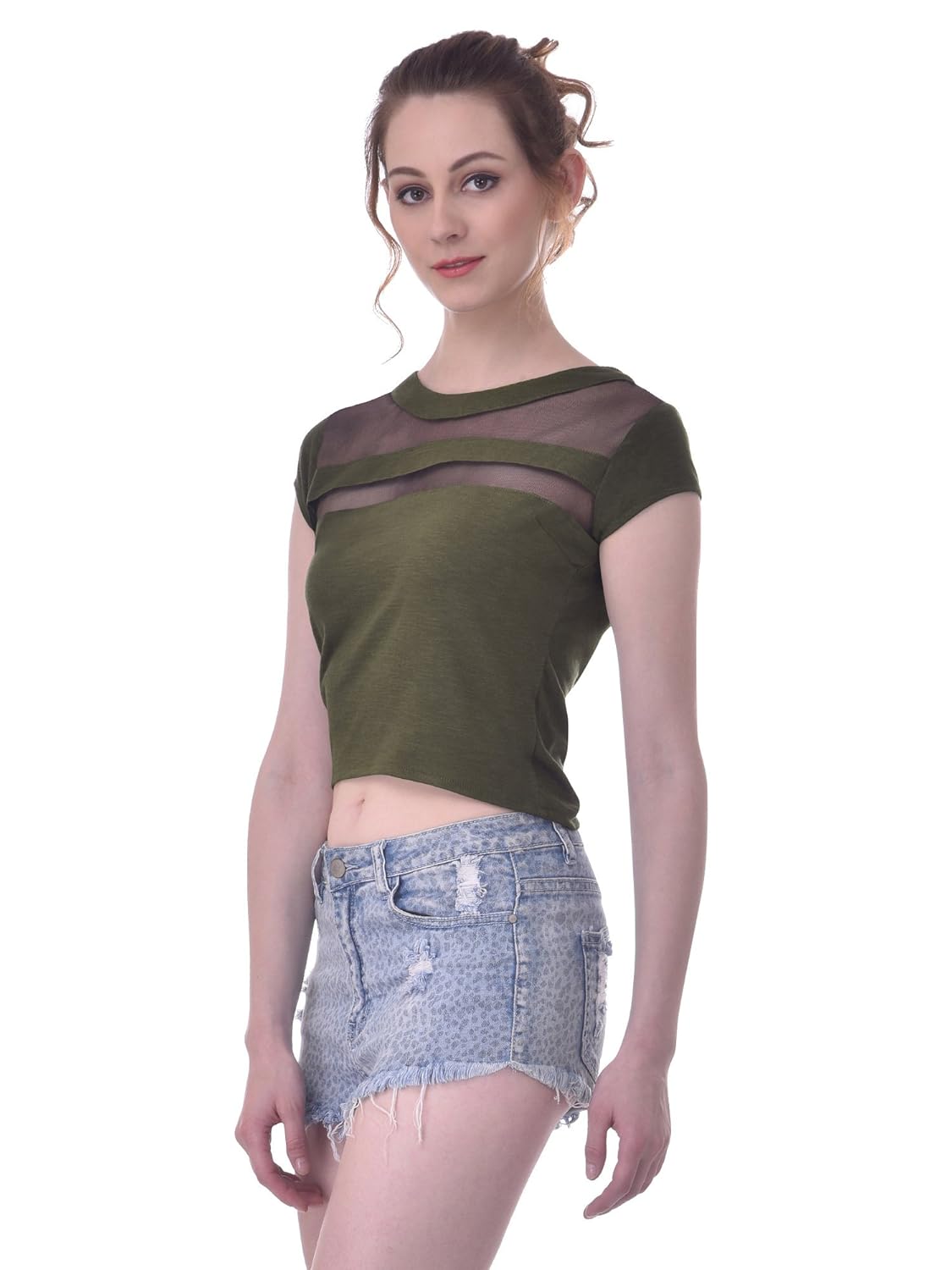 martini women mesh yoke panel summer waist length crop top (green, large)