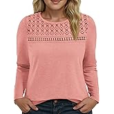 VISLILY Plus-Size-Tops for Women Trendy Lace Crewneck T Shirts Cute Long Sleeve Dressy Blouses Loose Fit Casual Tunics Tees