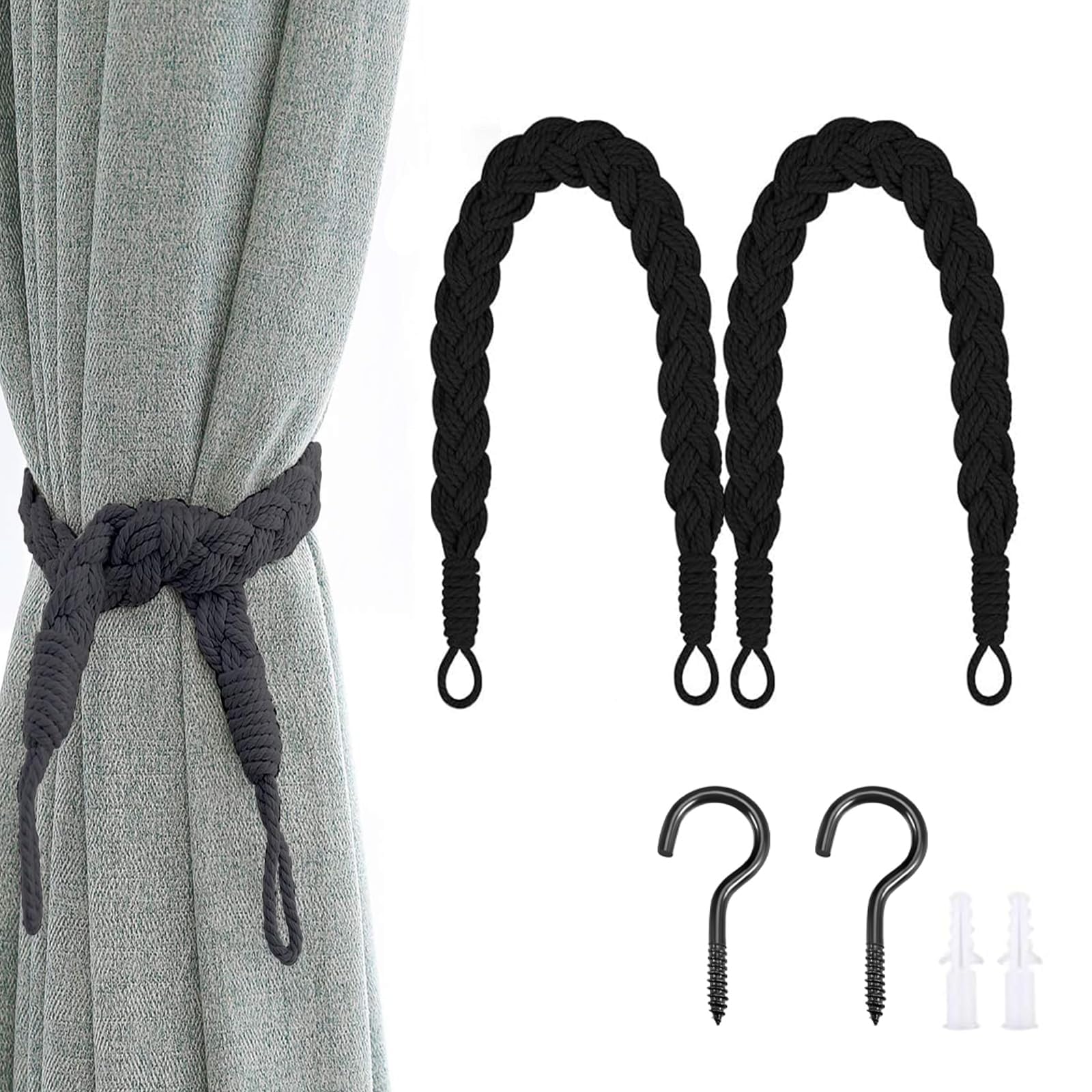 Exquisite Black Curtain Tie Backs - 2 Pcs With 2 Hooks, Hand Woven For Home, Hotel, Office, Cafe