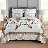camandy Cotton Bedspread Quilt Bedding Sets, 3 Pieces Reversible Coverlets Comforters Star with Green Floral Real Patchwork Bedspread, Queen Size