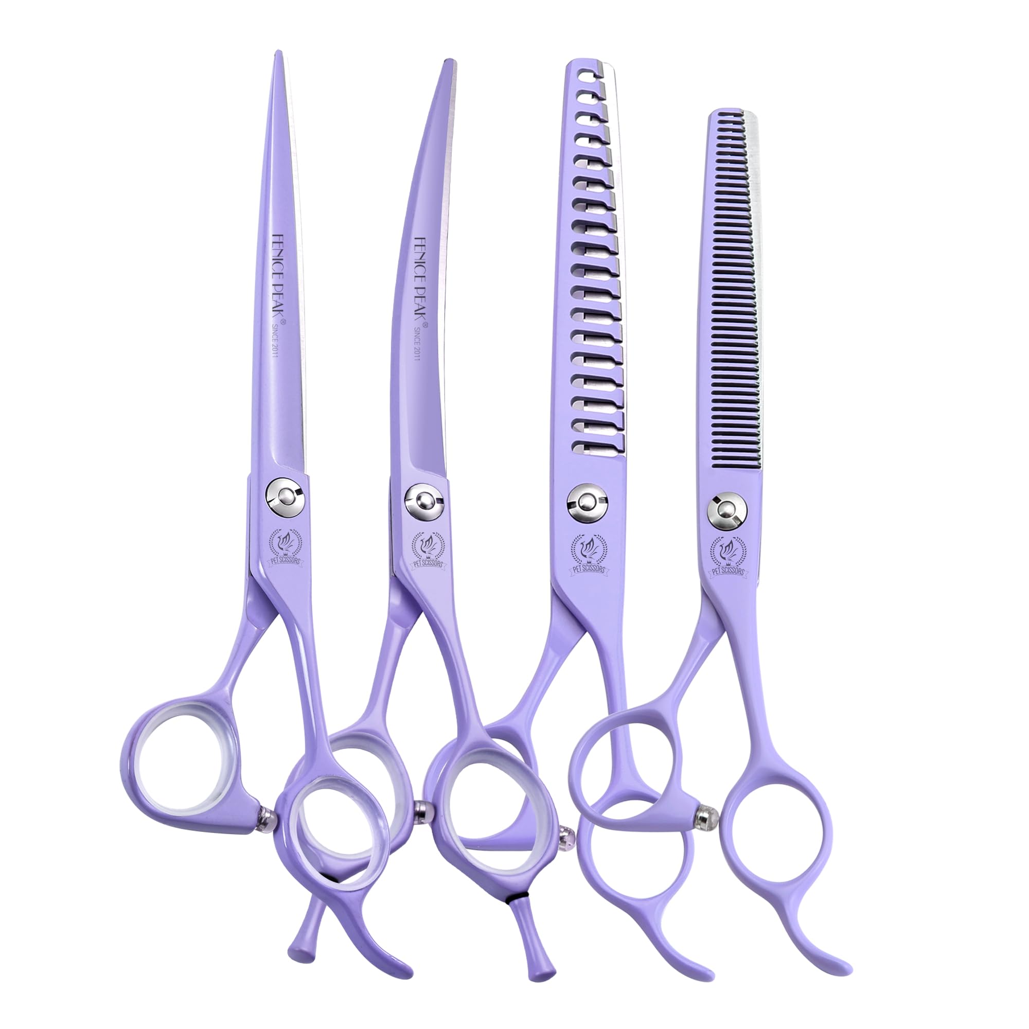 Photo 1 of Fenice Peak 7" Professional Dog Grooming Scissors Set, Japanese 440C Stainless Steel Straight Thinning Curved Chunker Shears for Pet Grooming, Trimming Face, Paws, Violet