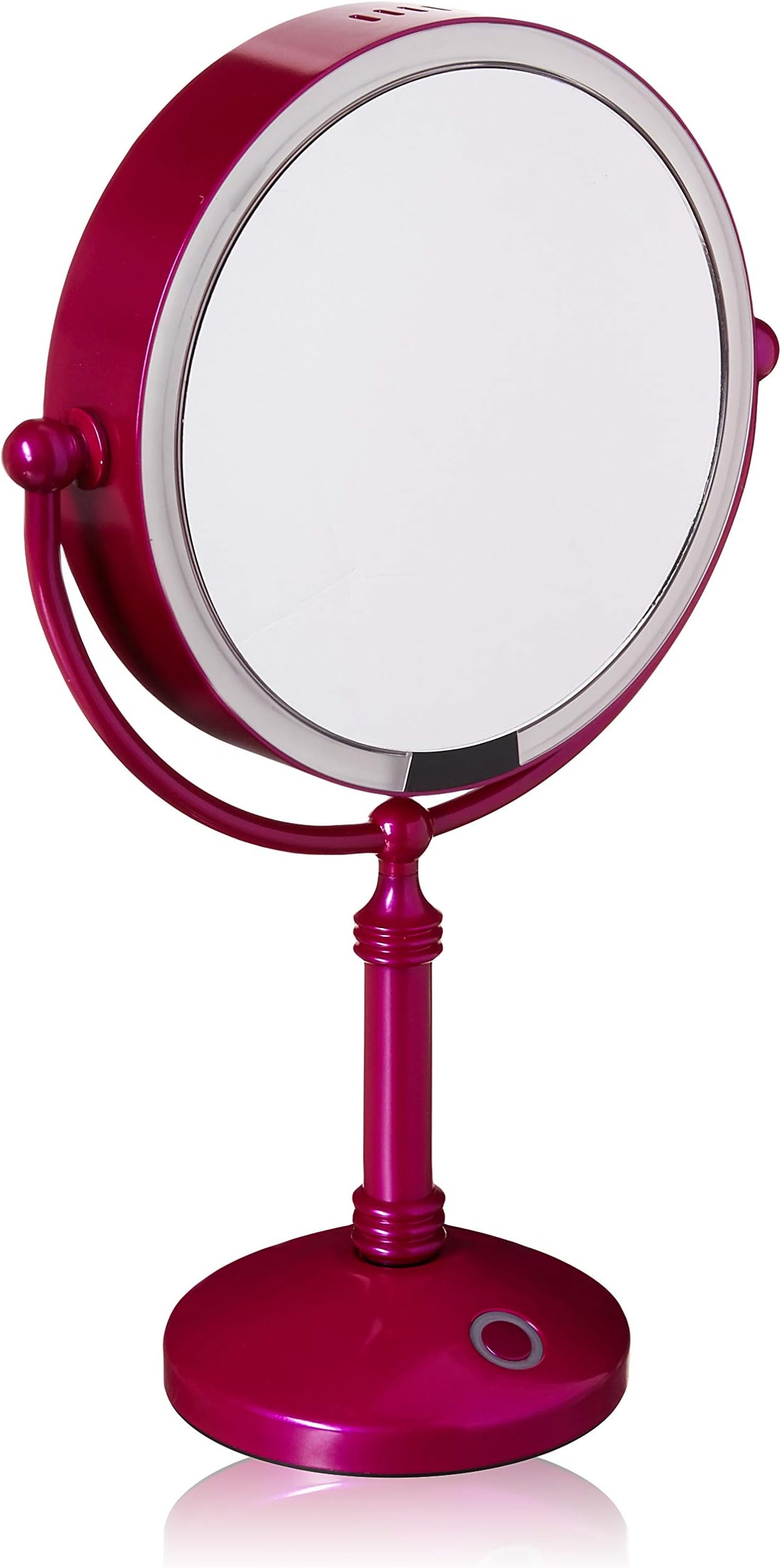 Modern Mirror LED Lighted 7.5" Makeup Mirror With 10X Magnification, Built in Rechargeable Battery & AC Adapter, Purple