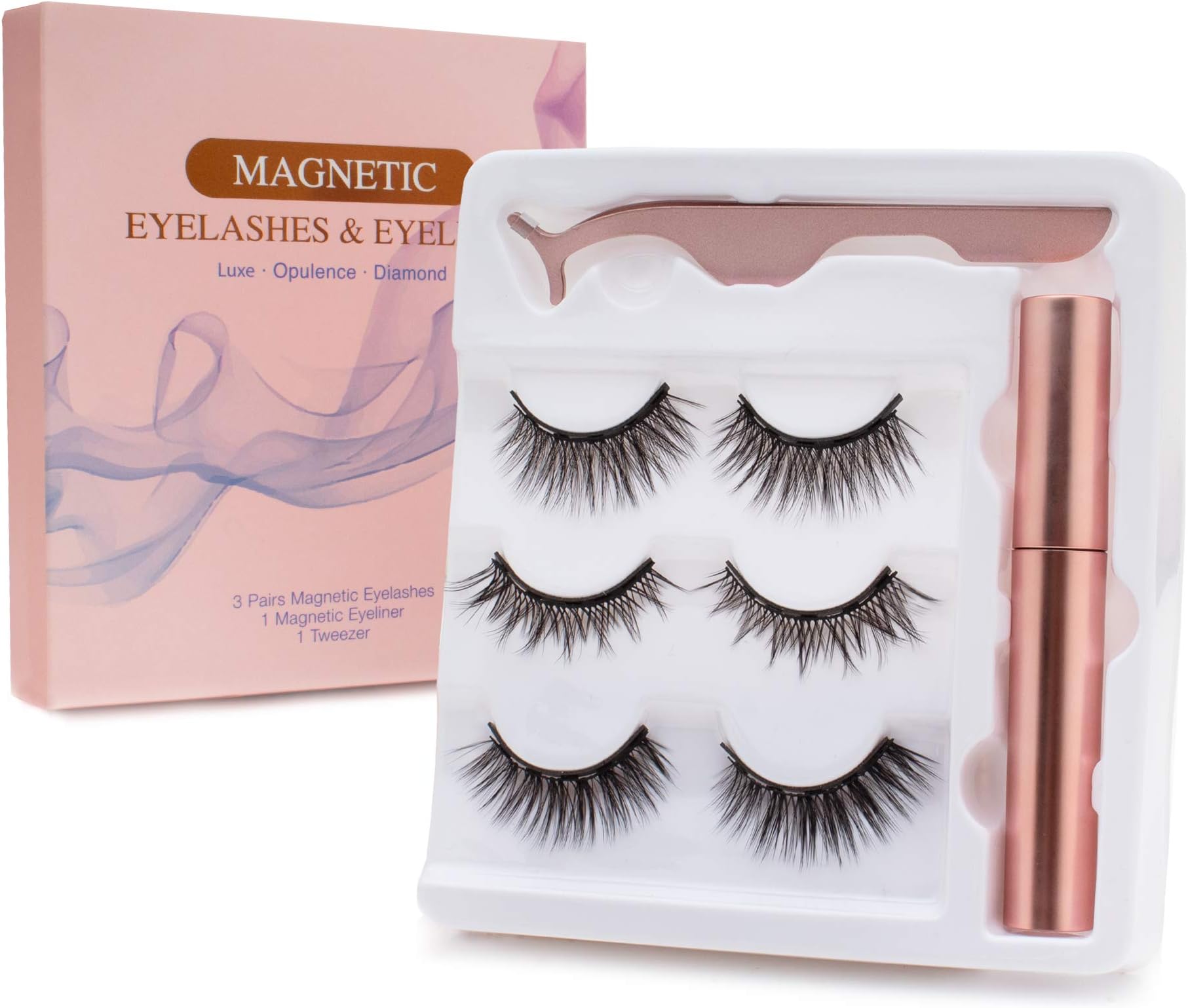 Magnetic Eyelashes and Magnetic Eyeliner Kit with Tweezer, Reusable 3D Magnetic Eyelashes 6pcs, Waterproof Magnetic Eyeliner Liquid
