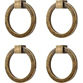 RZDEAL 4Pcs 2.0" x 1-7/8" Solid Brass Antique Brass Pulls for Dresser Drawer Ring Pulls Furniture Hardware Brushed Gold Wardrobe Door Handles