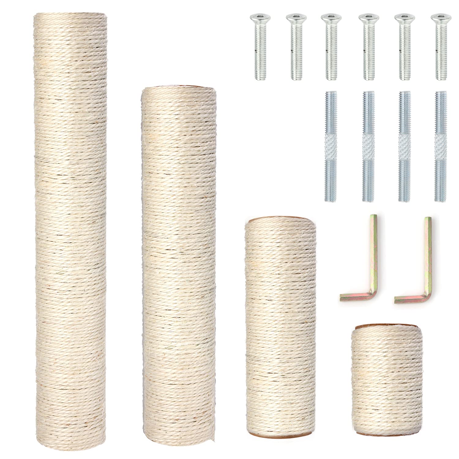 Pinkgarden Natural Sisal Replacement Cat Scratching Post, 4 Pieces M8 Cat Scratch Post Refill Pole Parts for Refurbishment, White, Include Screws (40+30+20+10CM)
