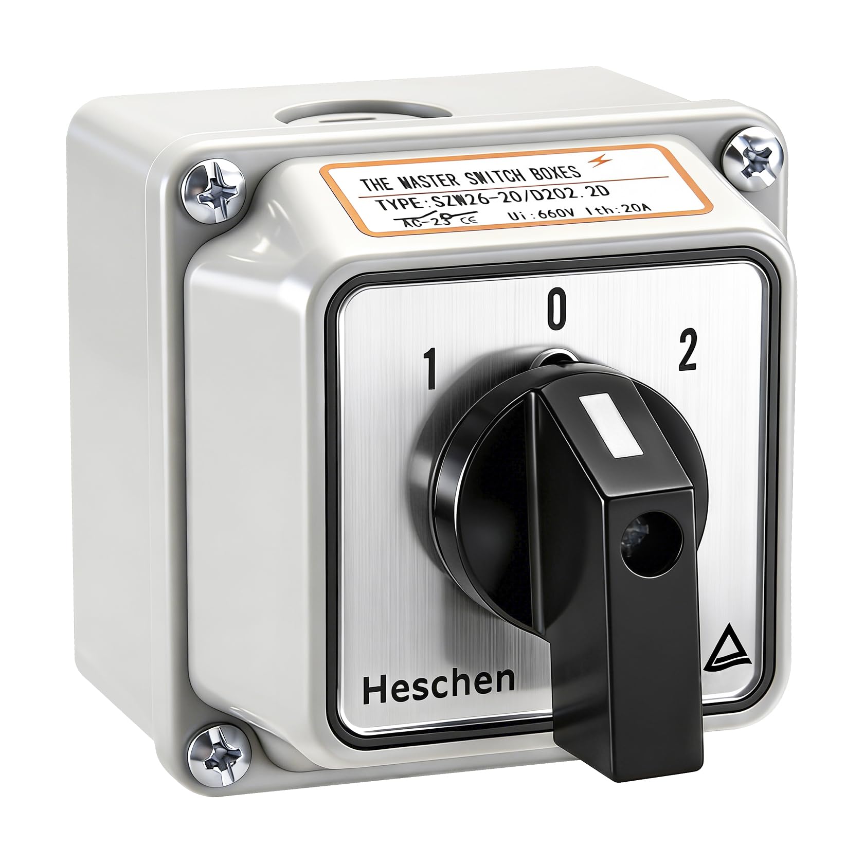 Heschen Universal Rotary Cam Selector Changeover Switch, SZW26-20/D202.2D, 660V 20A, ON-Off-ON, 3 Position 2 Phase 8 Terminals, with Master Switch Exterior Box,(Standard Box)