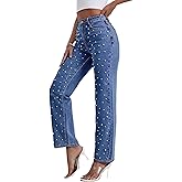 Sexyshine Women's Pearl Jeans High Waist Straight Wide Leg Stretchy Denim Pants