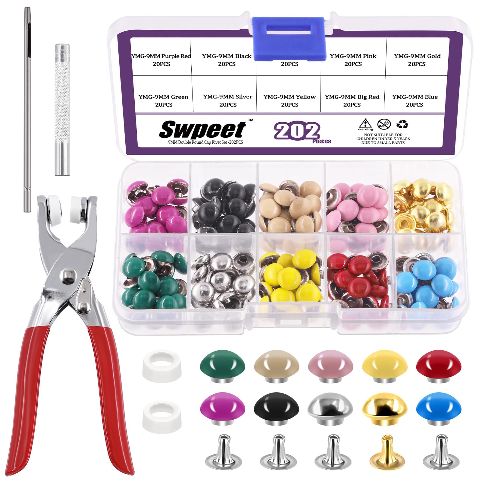 Swpeet 405Pcs 10 Colors 9mm Double Round Cap Leather Rivets with Fixing Tools, Double Cap Rivet Metal Studs, Leather Rivets Craft Belt Ideal for DIY Craft Leather Craft Repairs Decoration