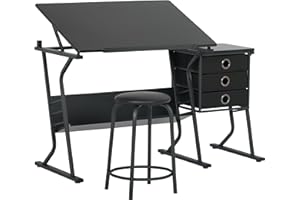 SD STUDIO DESIGNS 2 Piece Eclipse Ultra Center/Drawing Table with Stool, Angle Adjustable Top, Storage Shelves, and Drawers