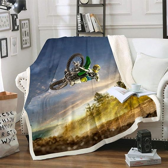 Dirt Bike Sherpa Blanket, 3D CrossCountry Motorcycle