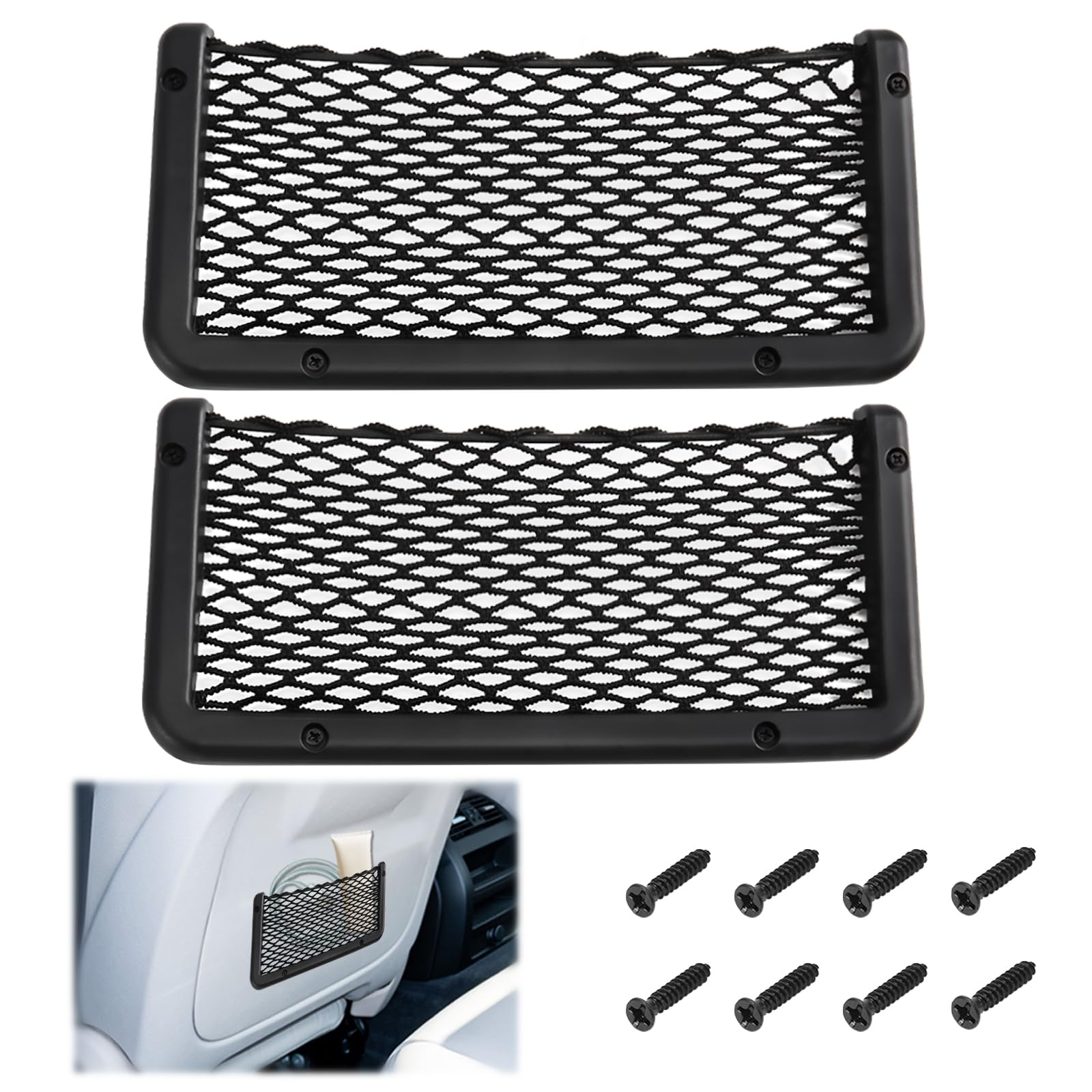 Photo 1 of 2 PCS Car Net Pocket, ABS Plastic Frame Cargo Net Storage Pockets Phone Nets, Car Mesh Net Pockets with Screws for Auto, RV, Boat, and Camper Storage Nets (9 x 4.3 Inch)