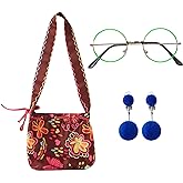 Green Glasses Round Metal Frame No Lens with Blue Pom Clip-on Earrings Purse Bag Dress Up Women Costume Accessories