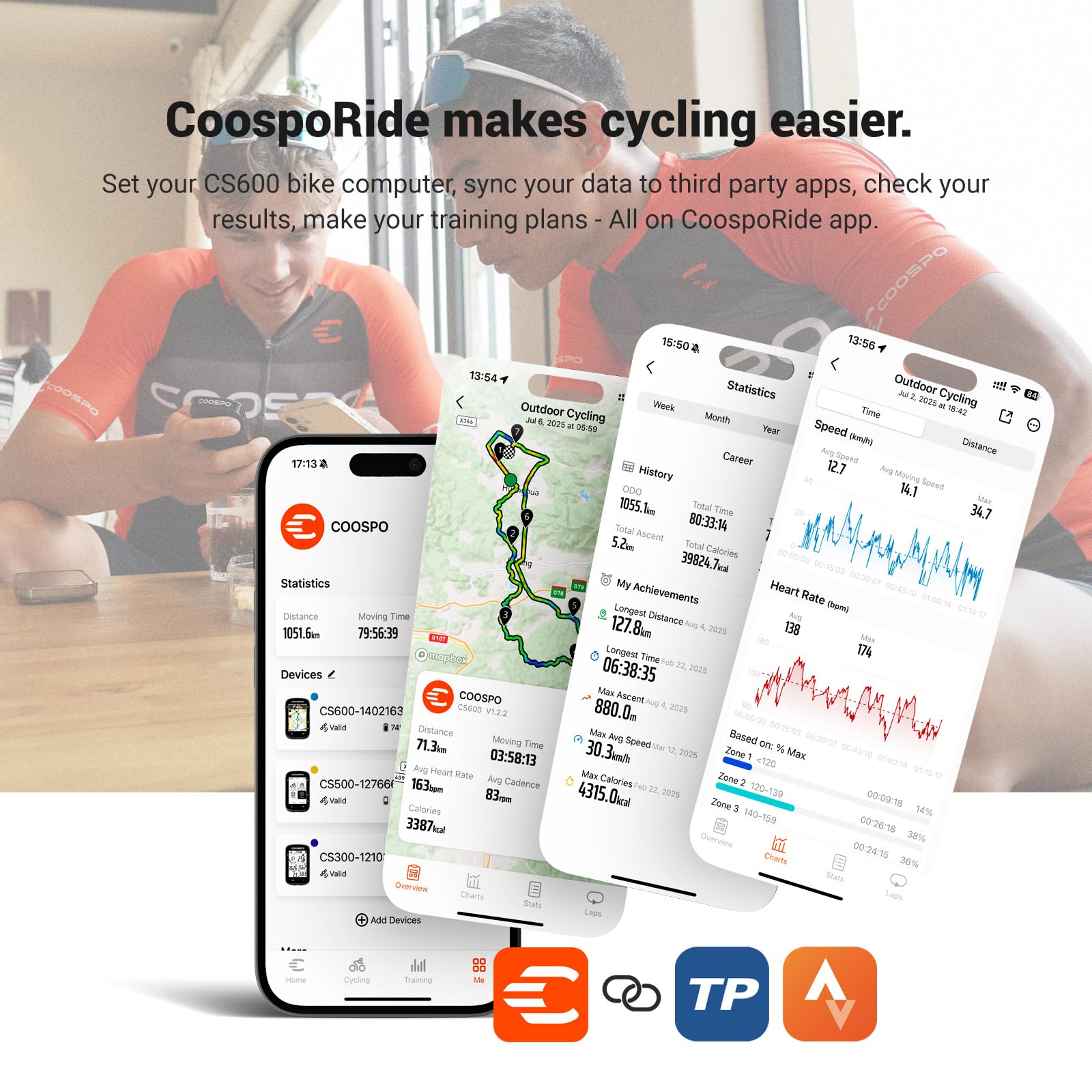COOSPO Color Touchscreen GPS Bike Computer CS600, Wireless IPX7 Waterproof Cycling GPS Speedometer with Bluetooth/ANT+, Backlight Route Navigation, Support Bike Radar & 36H Battery Life