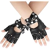 EupHHonycs Leather Punk Gloves, Black Fingerless Faux Leather Gloves, PU Faux Leathers Outdoor Sport Half Finger Glove with Belt Up Closure and Rivet for Women