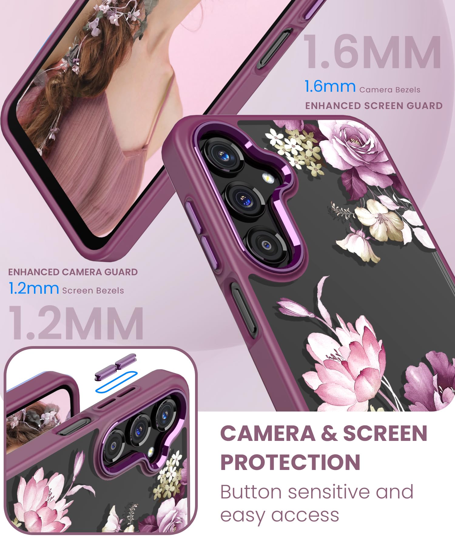 for Samsung Galaxy A16 5G Case+Tempered Glass Screen Protector,Military Grade Protective Slim Soft TPU + Hard PC,Girls Women Crystal Clear Flower Pattern Case Cover for Galaxy A16 5G-Purple