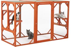 COZIVVOVV Outdoor Cat House Weatherproof,71 Inches Catios for Cats Patio, Wooden Cat Enclosure with 3 Platforms, Secure Large Cat Cage with Lockable Door, Orange