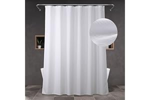 Popkozzi White Fabric Shower Curtain: Linen Textured Water Repellent Washable Light-Weight Polyester Shower Curtains for Bath