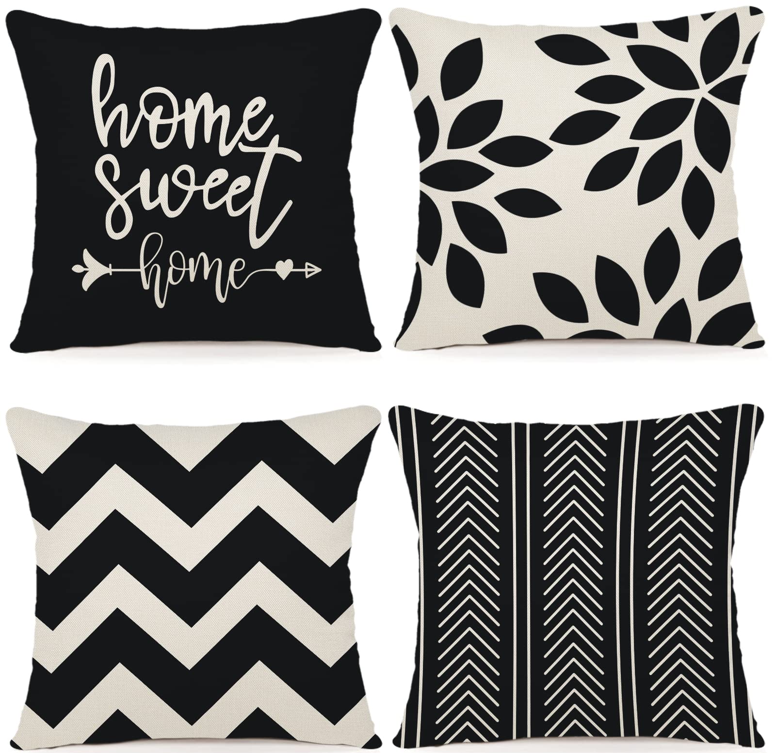 ZWJD Cushion Cover 60 x 60 cm, Set of 4 Decorative Cushion Covers, Outdoor Cushion Covers, Linen Decorative Cushion for Bedroom, Sofa, Chair, Bed, Garden (60 x 60 cm, Black)