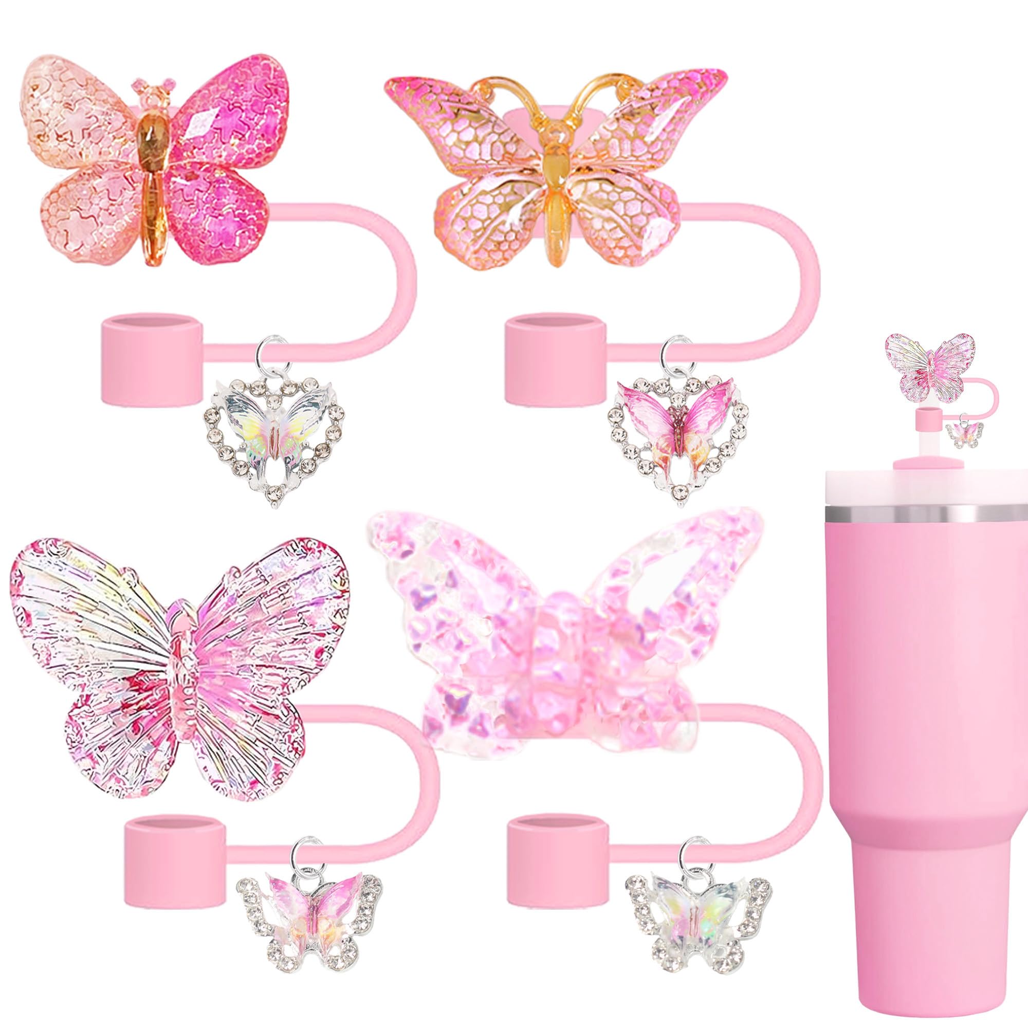 Photo 1 of Butterfly Straw Toppers with Charms Set, 8 Pieces 10mm Pink Straw Covers Compatible with Stanley Cups 30&40 Oz with Clip-On Bling Cross Ornament, Cute Sports Water Bottle Accessory (Pink Butterfly)