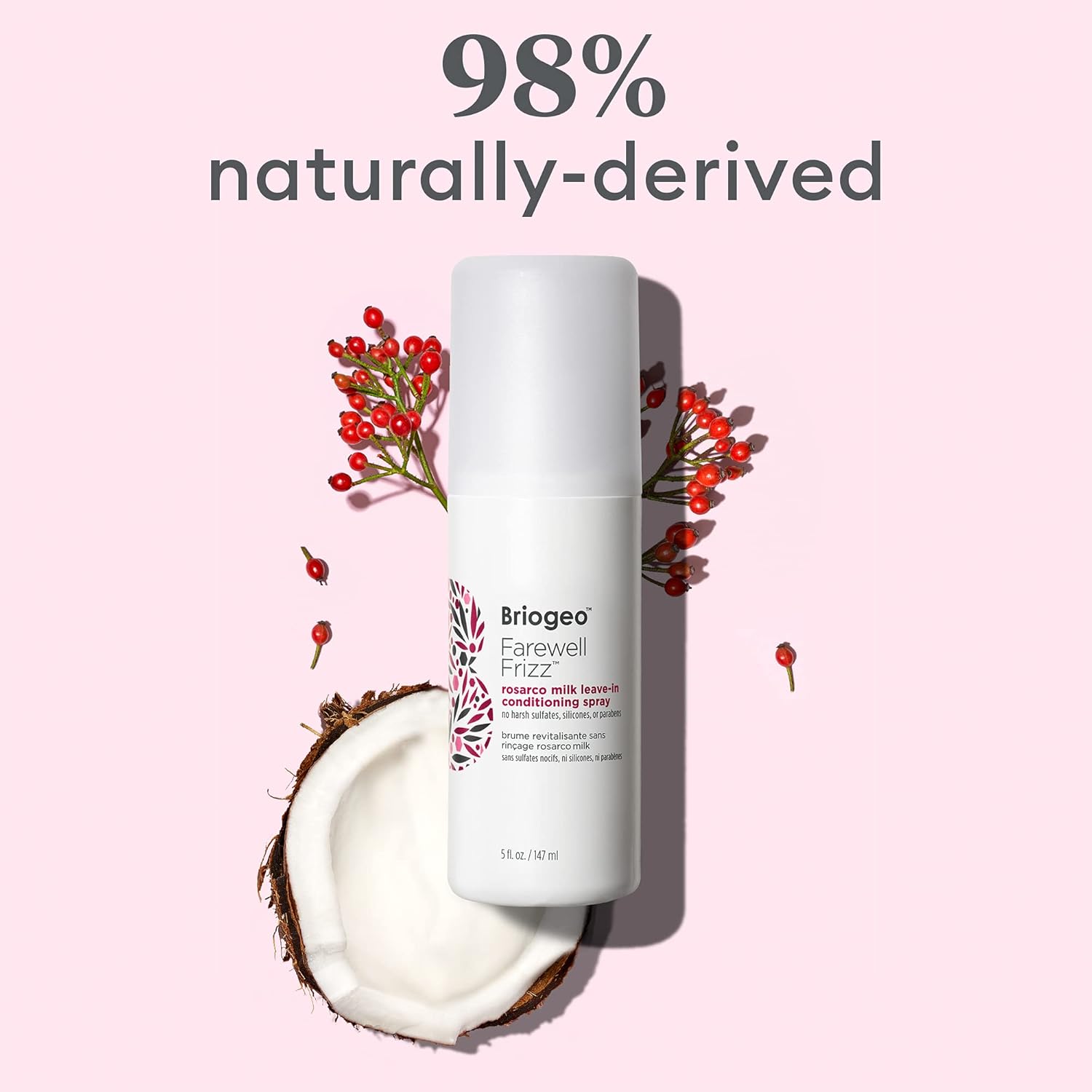 Briogeo Farewell Frizz Rosarco Milk Leave In Conditioning Spray, 5 oz - Coconut Oil & Argan Oil - Anti Frizz Hair Products - Natural Leave in Conditioner Suitable for Straight, Wavy and Curly Hair : Beauty