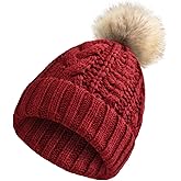 Womens Winter Knitted Beanie Hat with Faux Fur Winter Hats for Women Fur Pom Warm Knit Skull Cap Thick Beanie Hat Red