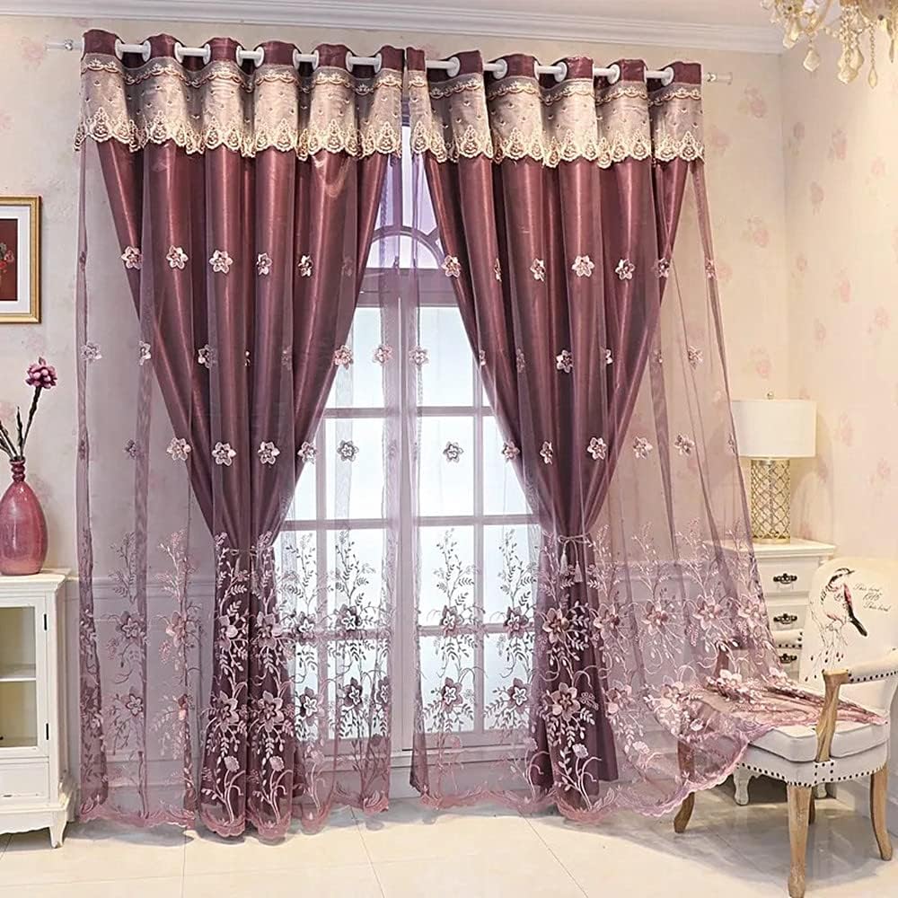 Amidoudou Luxury European Double Layer Curtains with Valance - Embroidered Blackout Drapes for Living Room & Bedroom, Pack of 2, Purple, 66x84 Inches