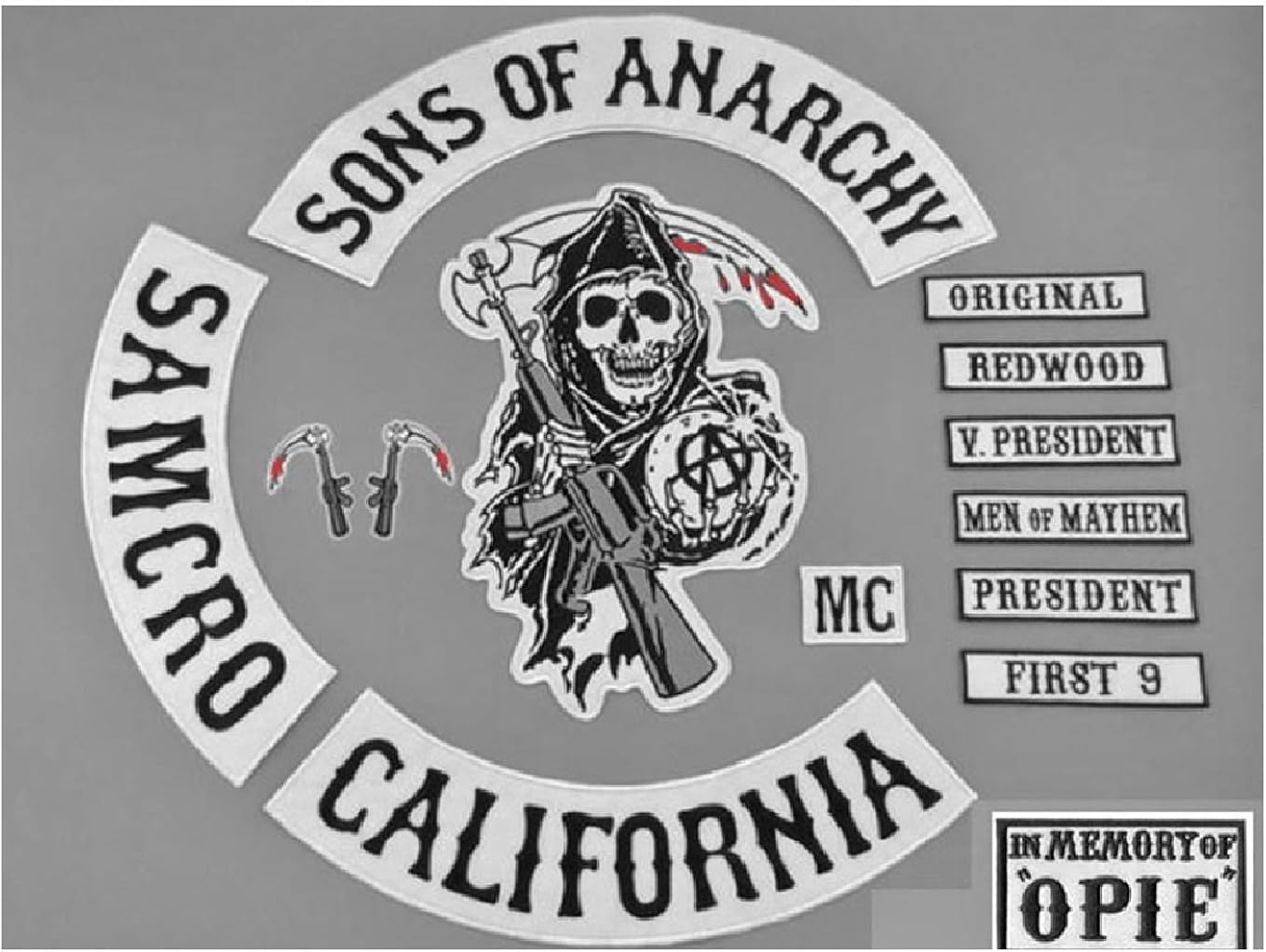 Sons of Anarchy BLACK 14 Piece Full Size Patch Set (INCLUDES OPIE PATCH