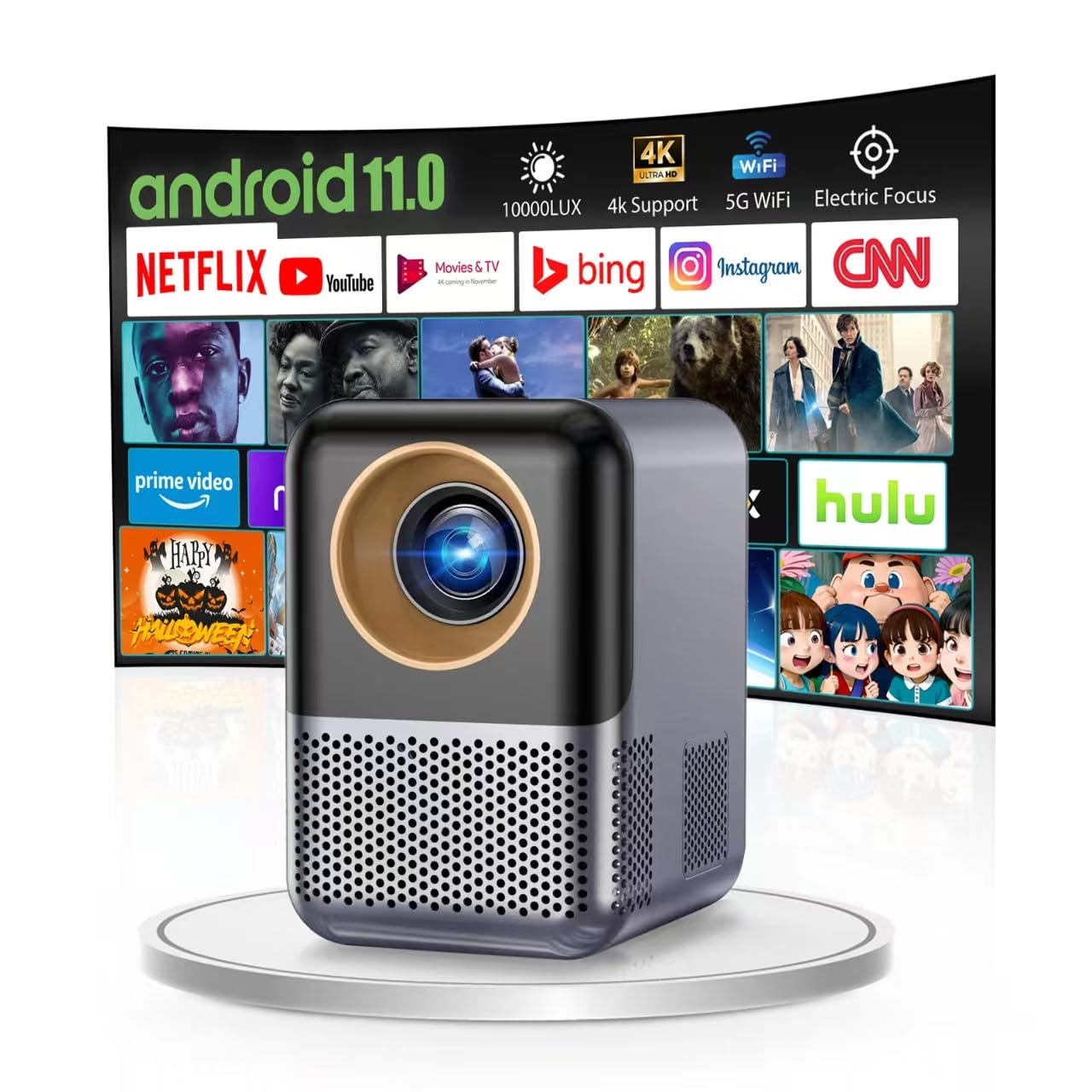 Photo 1 of Video Projector Support 1080p [Android TV] Mini Portable Smart TV Projector WiFi BT Built-in Netflix, Home Theater Projector 350 ANSI Support 4K, 4D 4P Keystone, 50% Digital Zoom, YouTube
