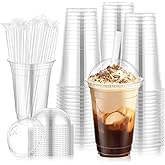 50 Pcs Plastic Clear Cups with Dome Lids and Straws, 20 oz Disposable Slushie Cups with Straws, Crestal Clear to Go ice Coffe