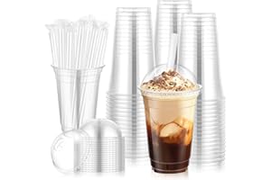 50 Pcs Plastic Clear Cups with Dome Lids and Straws, 20 oz Disposable Slushie Cups with Straws, Crestal Clear to Go ice Coffe