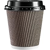 GUSTO [10 oz. - 50 Sets] Insulated Brown Patterned Ripple Paper Hot Coffee Cups with Lids (Lids Color May Vary) - Ideal for H