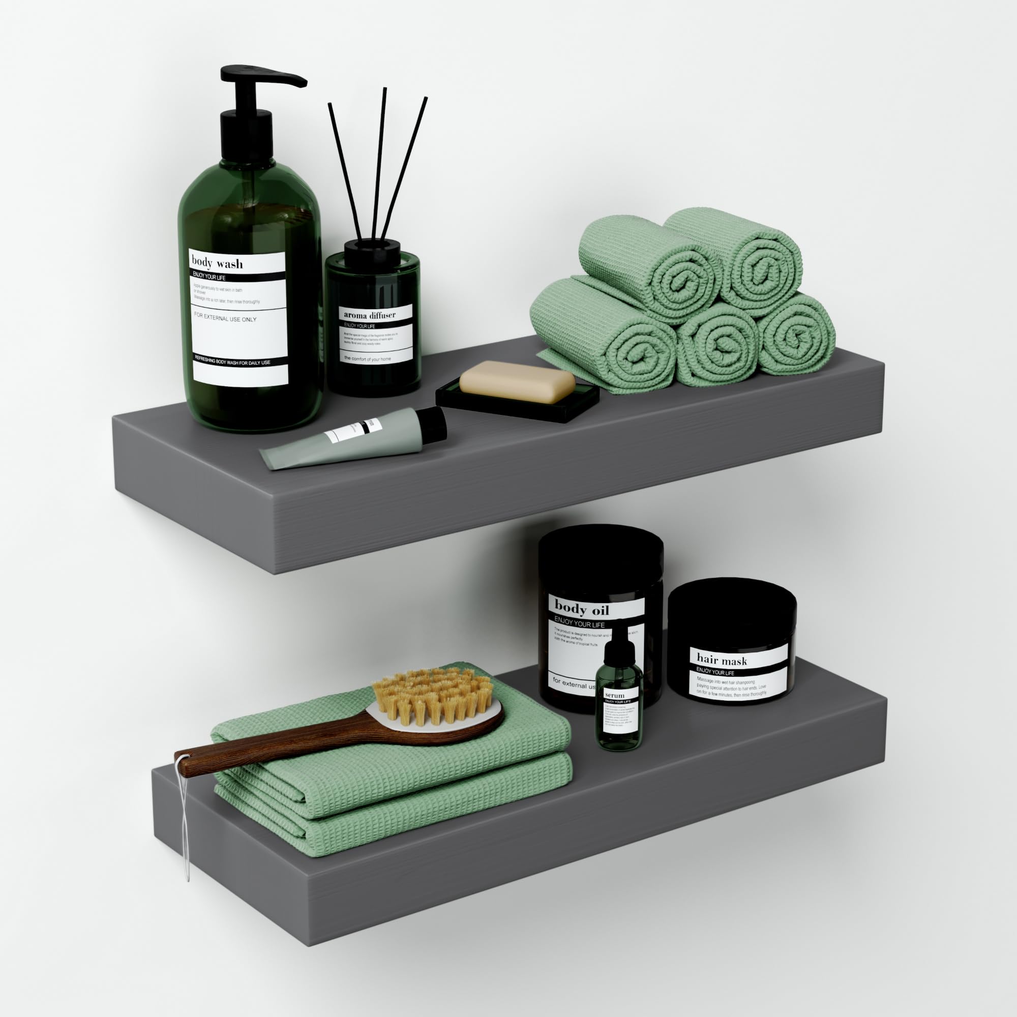 Photo 1 of Homeforia Gray Floating Bathroom Shelves, High End Solid Real Wood 16 inch Small Floating Shelf for Wall Mounted, Grey Wooden 16 in Floating Shelves, Heavy Duty Bracket, 16 X 6.5 X 1.75 inch, Set of 2