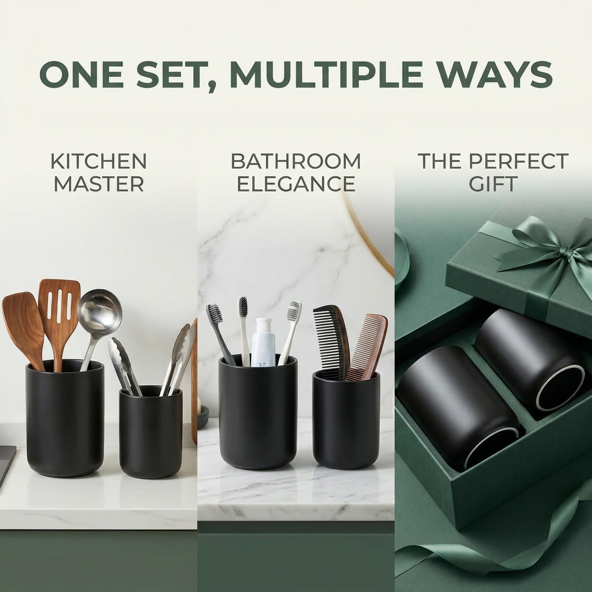 Vunanvu 2 Stück Küchenutensilienhalter Schwarz Utensilienhalter Keramik Küchentheke Behälter für Küchenutensilien Halter Leicht zu Reinigen Küchenhelfer Aufbewahrung für Löffel Spateln Messern Gabeln 6