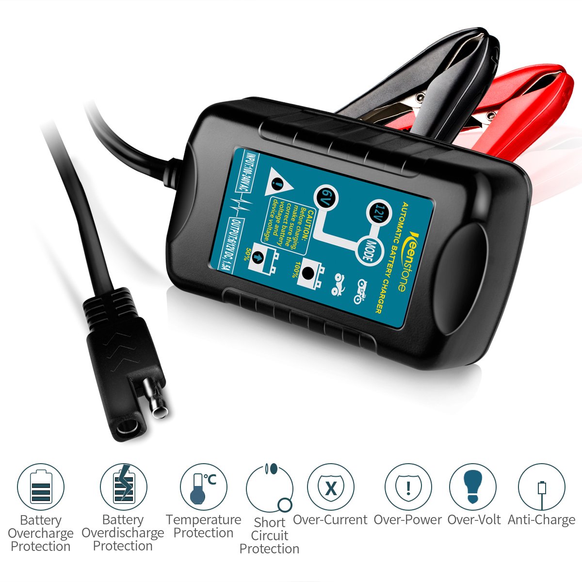 Keenstone Automotive Trickle Battery Charger Maintainer 6V&12V 1.5Amp, 4-Step Charging for Auto Car Motorcycle Lawn Mower SLA ATV AGM GEL CELL Lead Acid Batteries