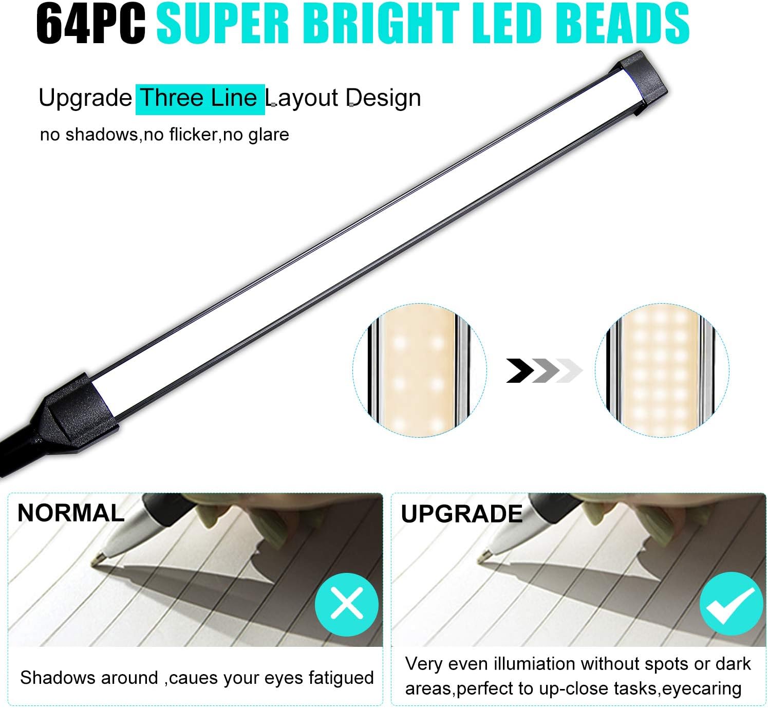 Upgrade Led Clip On Light, 33 Illuminations Kids Book Lights for Reading in Bed, Desk Lamps with USB Charging Port, Clamp Light Bedbesides Headborard, Stepless Dimmer/ Auto Memory/Off Delayer - - 
