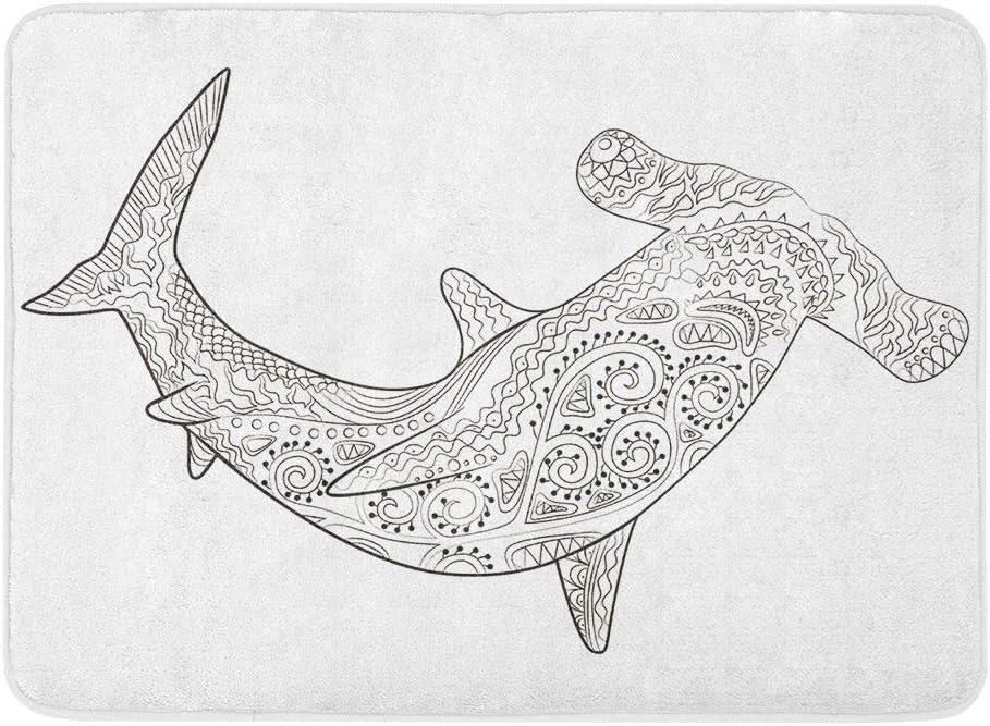 Suninapril Flannel Bath Mat Hammerhead High Details Adult Antistress Coloring Shark Fish Mat Non Slip Bathroom Rugs Shower Floors Absorbent Bath Rug Cozy Soft Carpet Tub Mats 12 X 24 Inches