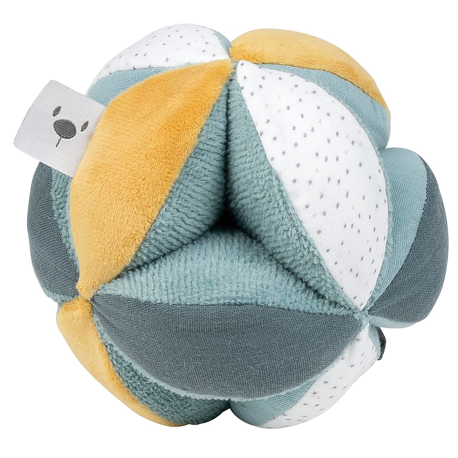 Nattou Pram Toy 4-Activity Plush Ball, Soft Toy, Cuddly Companion for Home or Travel, Cotton/Polyester, PETA-Approved Vegan, 0+ years, 15 cm Diameter, (Lapidou Collection) Green and Yellow