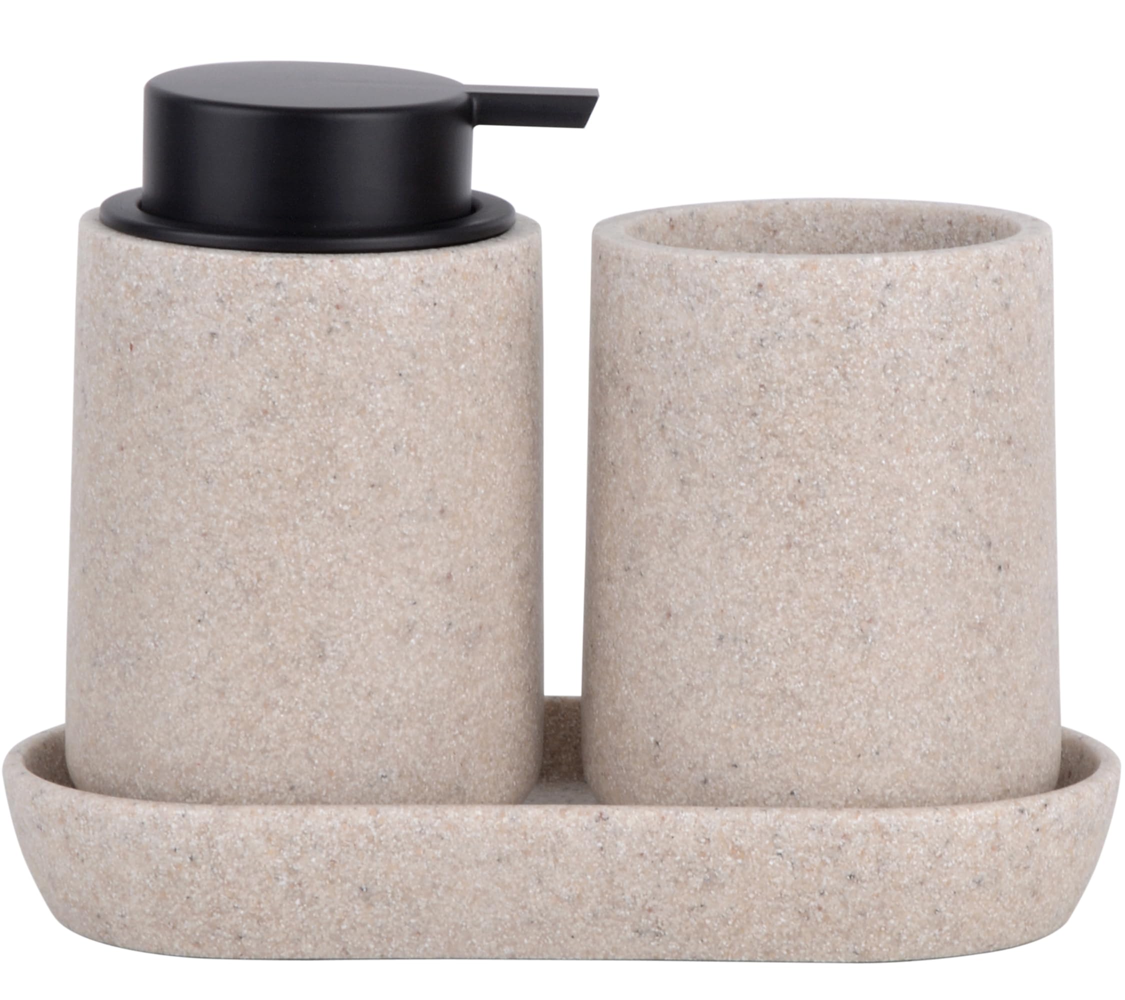 Photo 1 of ***MISSING BOTTOM TRAY**Clasin Home Beige Bathroom Accessories Set, 3 Pcs Resin Bathroom Accessories Complete Set, Sandstone Look Soap Dispenser with Large Pump, Toothbrush Cup, Soap Dish for Modern Home Decor and Kitchen