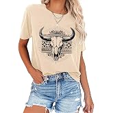Retro Steer Skull Western T-Shirt Women Vintage Country Music Shirt Cute Cowgirl Graphic Cowboy Tees Tops