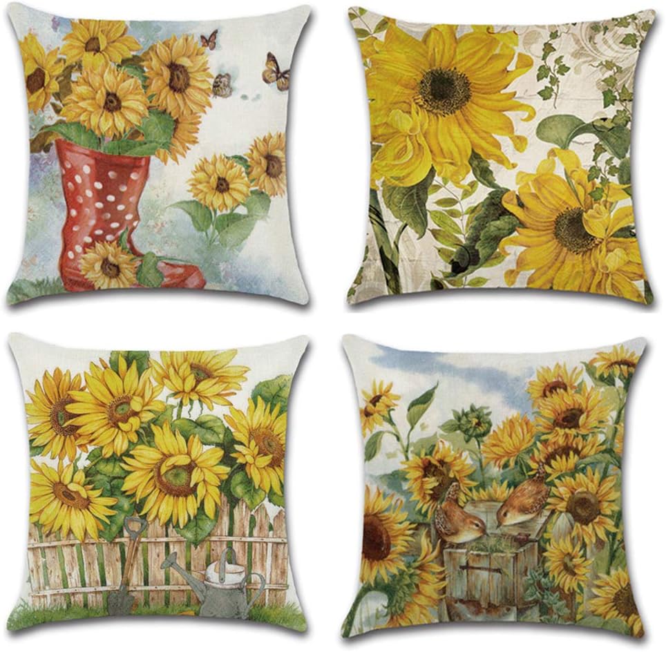 KAKABUQU Vintage Sunflower Throw Pillow Covers Set of 4 18x18 Inch, Linen Sunflower Farmhouse Country Decorative Sofa Cushion Covers Pillowcase for Home Bedroom Sofa Chair Decor