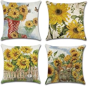 KAKABUQU Vintage Sunflower Throw Pillow Covers Set of 4 18x18 Inch, Linen Sunflower Farmhouse Country Decorative Sofa Cushion Covers Pillowcase for Home Bedroom Sofa Chair Decor