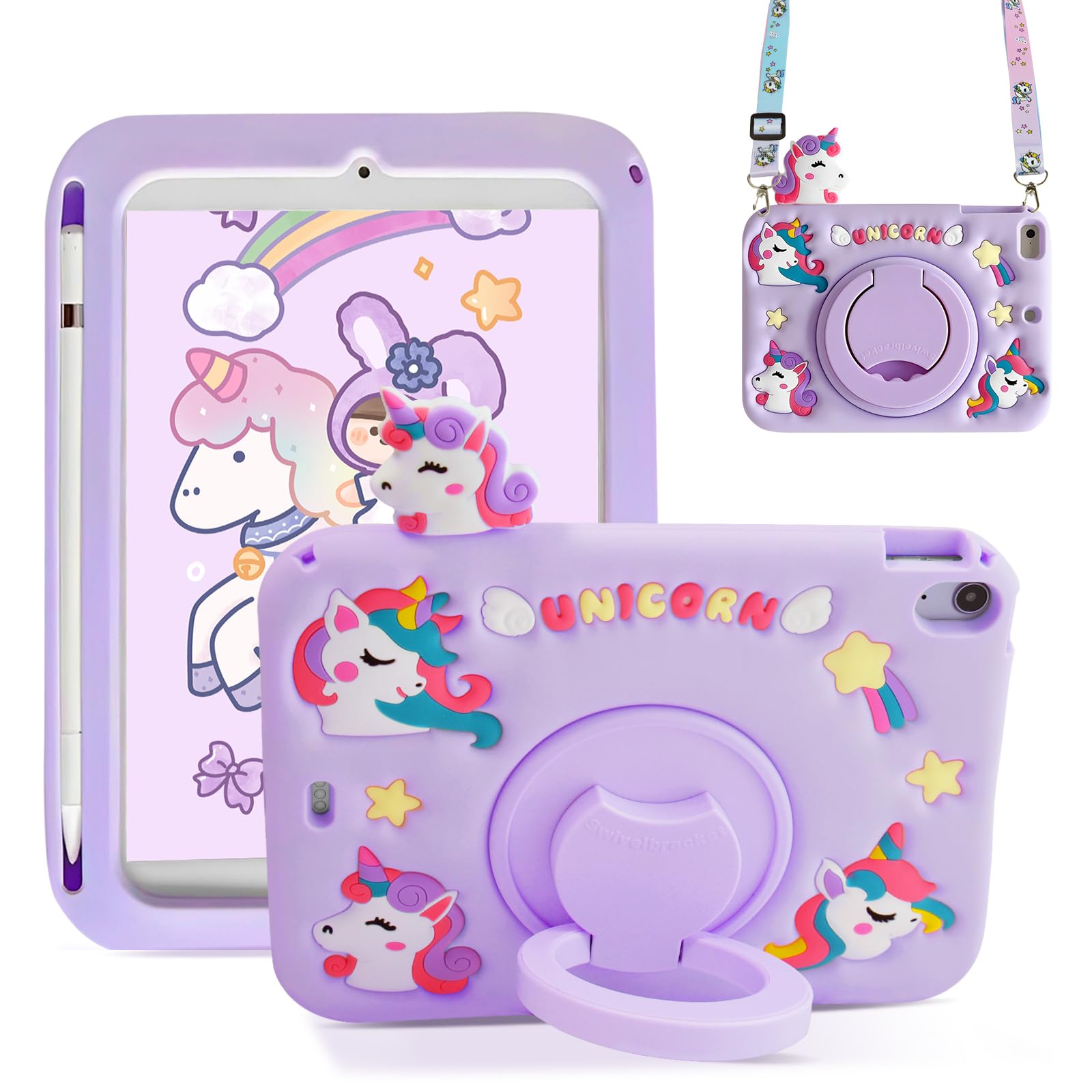 Photo 1 of ACEMO for iPad 10th Generation Case iPad Air 11 inch M3 M2 Kids Girl Cover with 360° Rotating Kickstand/Shoulder Strap/Pencil Holder for iPad 2022 10.9 inch/Air 11 inch 2025 2024 Purple