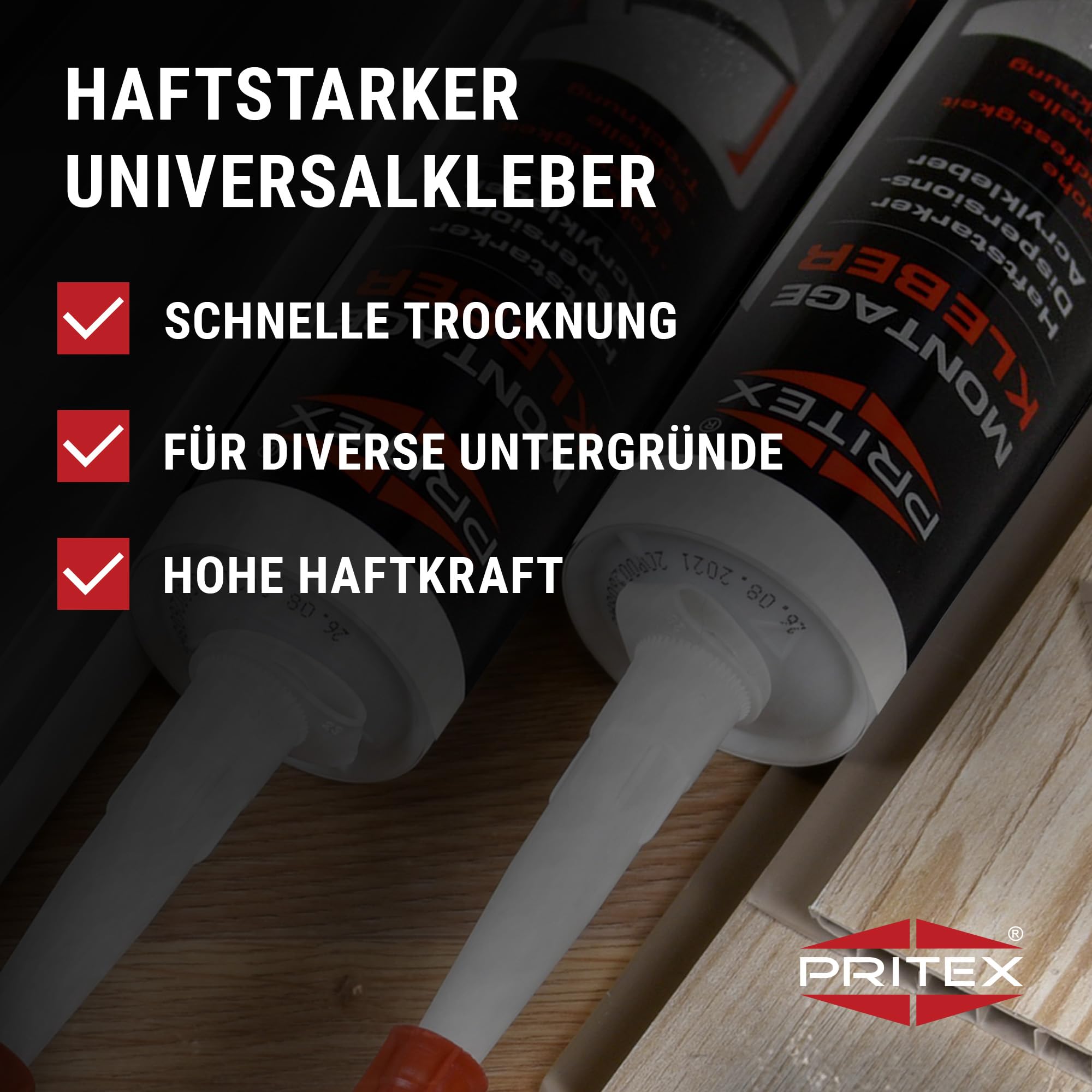 PRITEX – Profi Montagekleber Weiß 10x 300 ml – Baukleber für Holz-Paneele, Kabelkanäle, Sockelleisten, Styropor, Fliesen, Beton uvm. – haftstarker Universalkleber auf Acrylatdispersion-Basis für innen 2