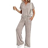 Trendy Queen 2 Piece Lounge Sets for Women Summer 2026 Henley Sweatsuit Travel Vacation Airport Outfits Pajamas Sets